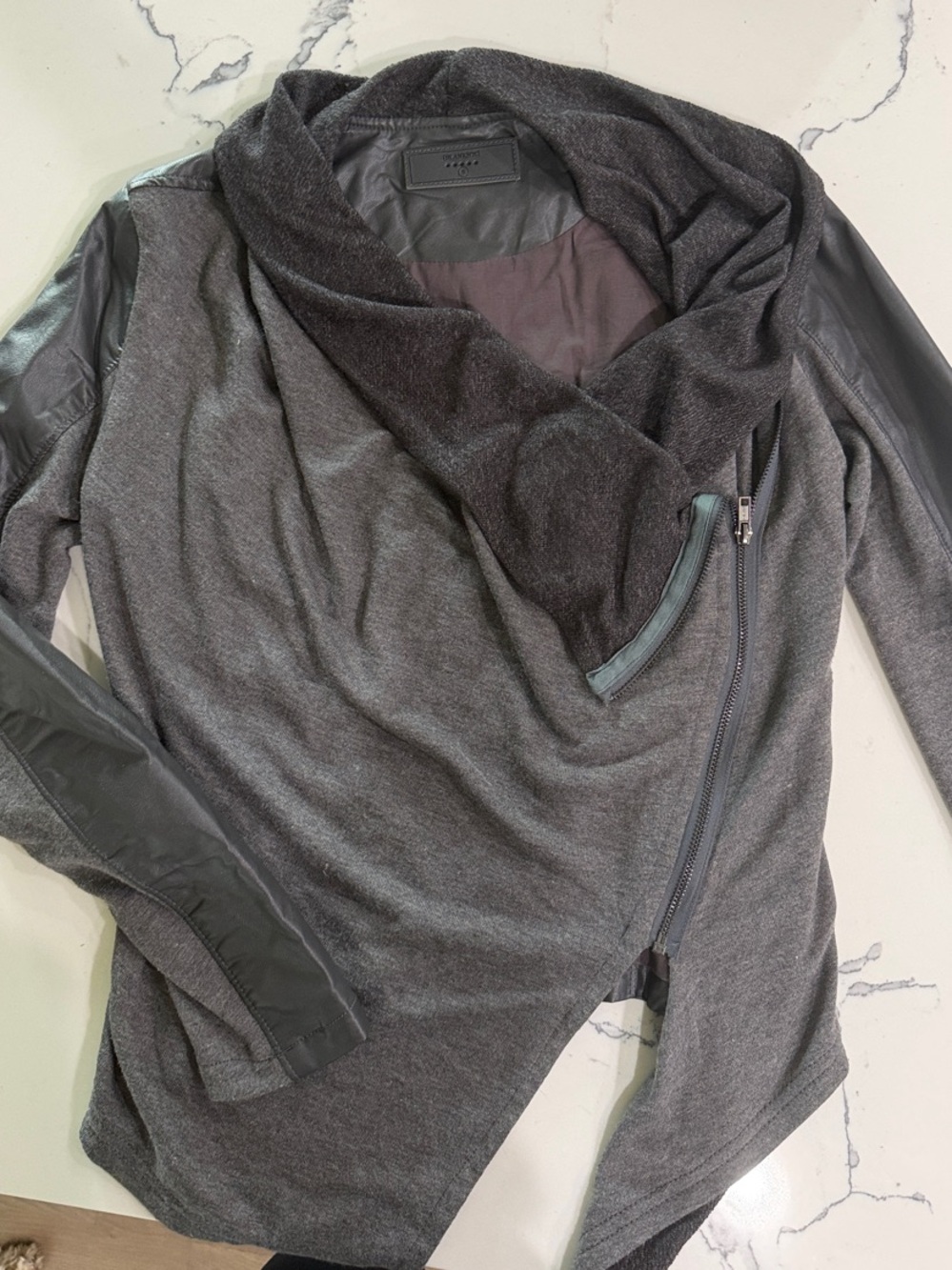 Women’s Asymmetric Zip Grey jacket Faux Leather Sleeves and back